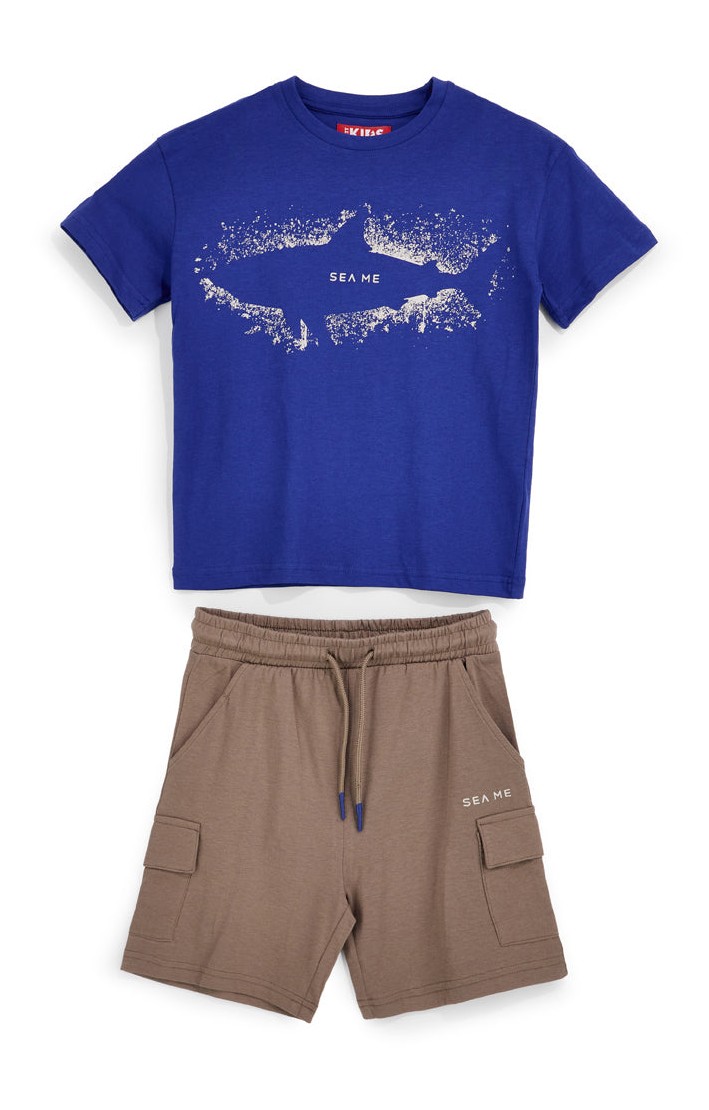 Completo blu e marrone con stampa squalo Pitt kids PT-B-SE-9035