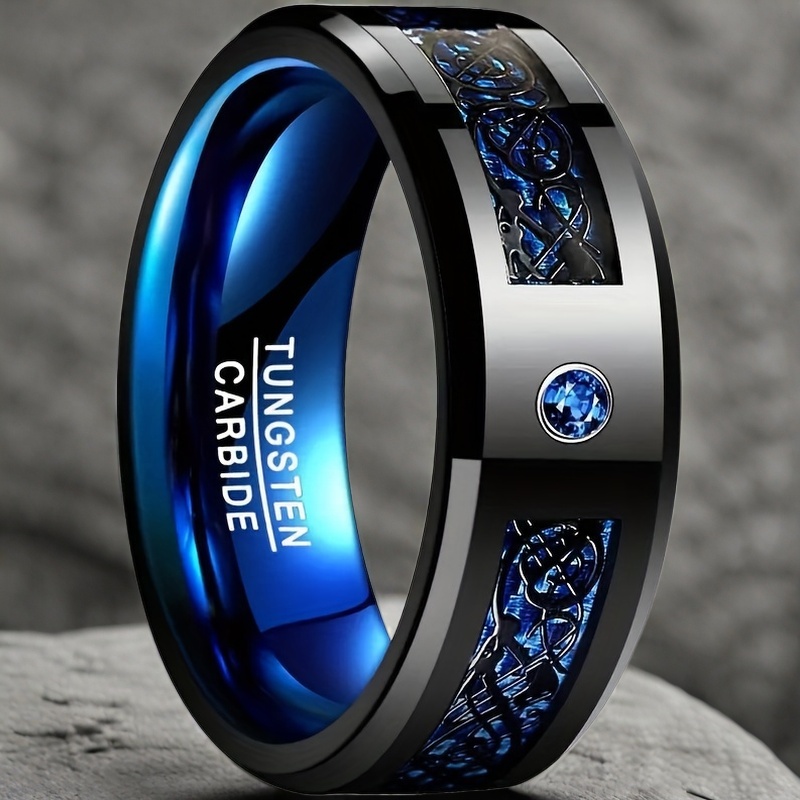 Anello In Tungsteno Da Uomo In Fibra Di Carbonio Blu Con Motivo…