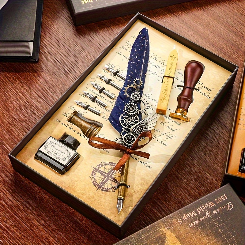 1 set di penna meccanica vintage con piume artificiali, base in…