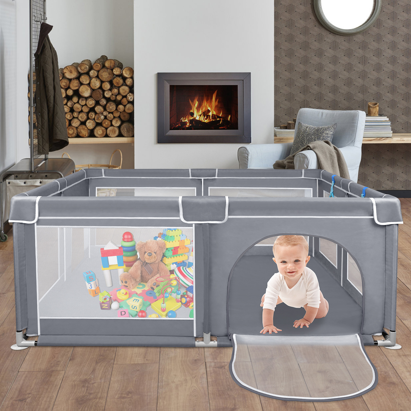 Box per bambini grigio con rete traspirante, box per neonati con…