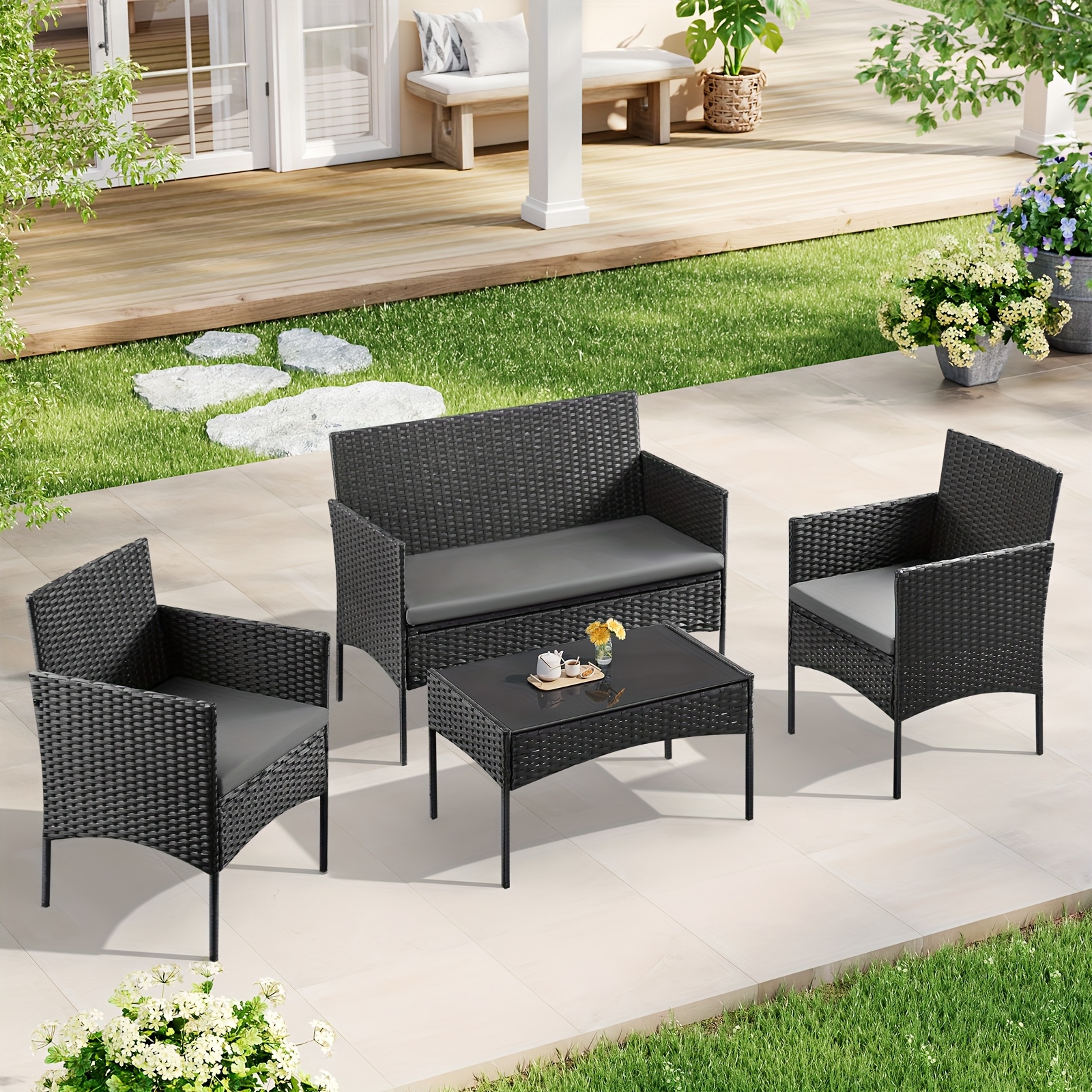 4 Pezzi Tavolo da Pranzo e Sedie per Patio, Set Lounge Giardino…