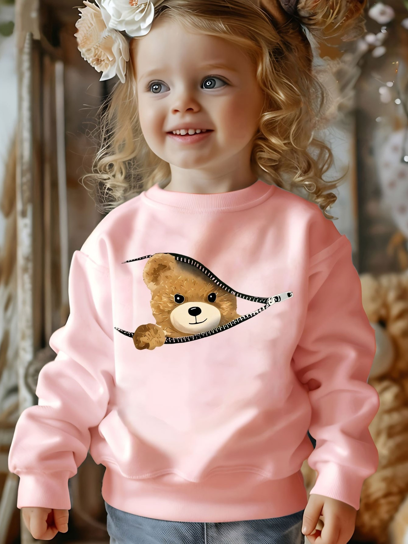 Felpa a maniche lunghe da bambina con stampa orsetto cartoon…