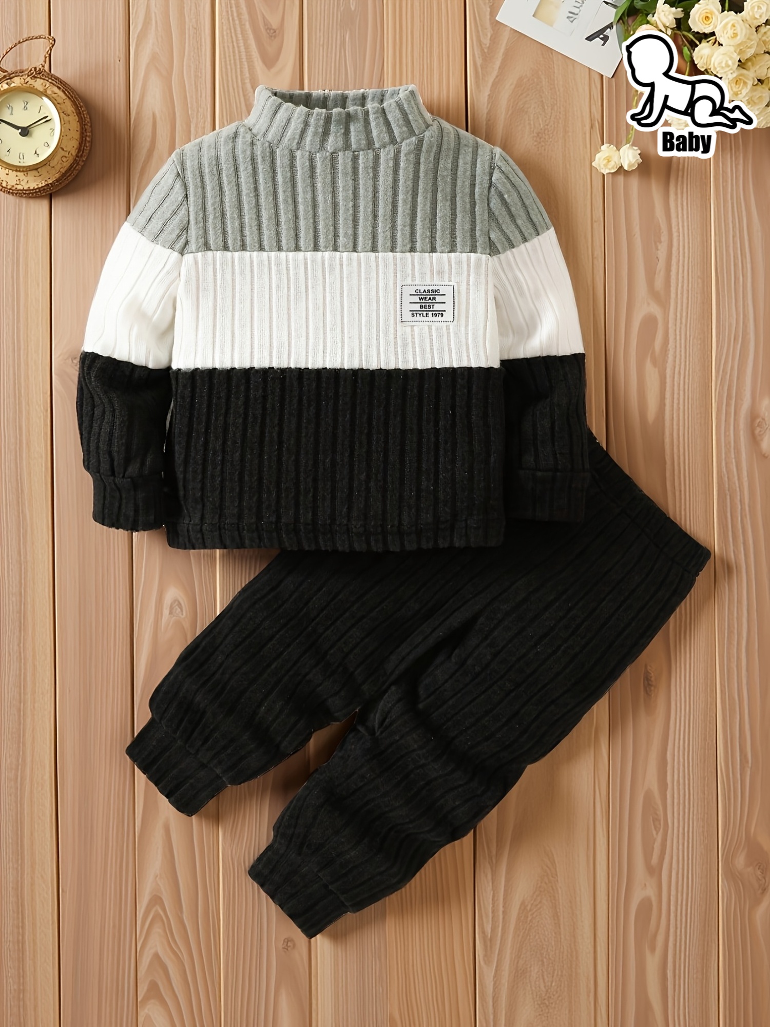 Set da 2 pezzi, Top a maniche lunghe a righe con colletto alla…
