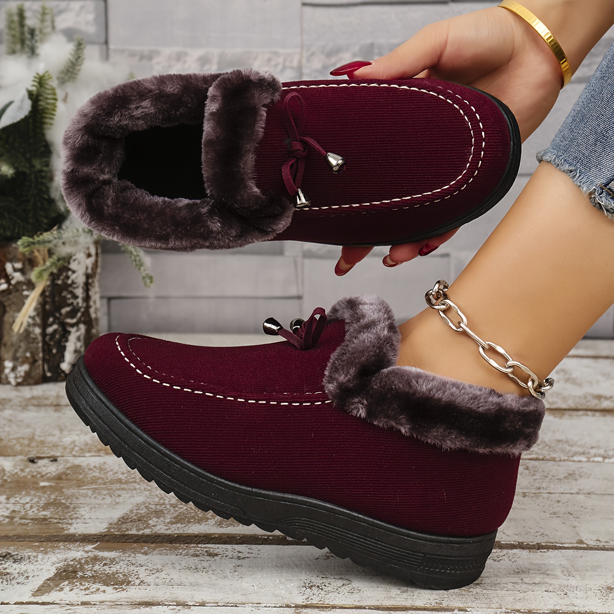 Scarpe slip-on in morbido peluche caldo bordeaux rosso vino |…
