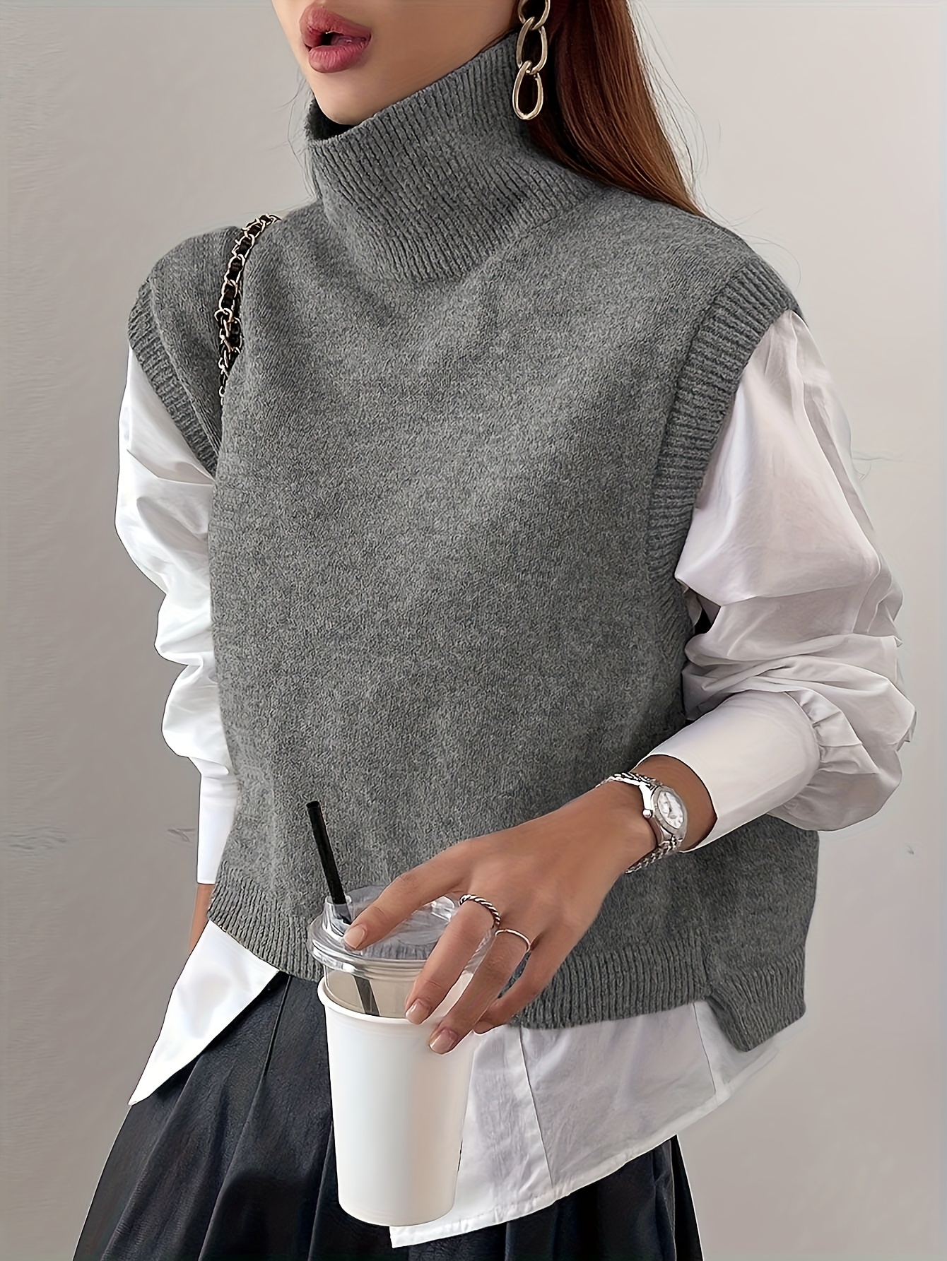 Gilet maglione elegante da donna con collo alto e senza maniche…