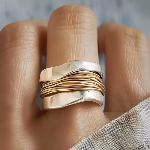 Anello alla moda a fascia larga bicolore, anello vintage in…