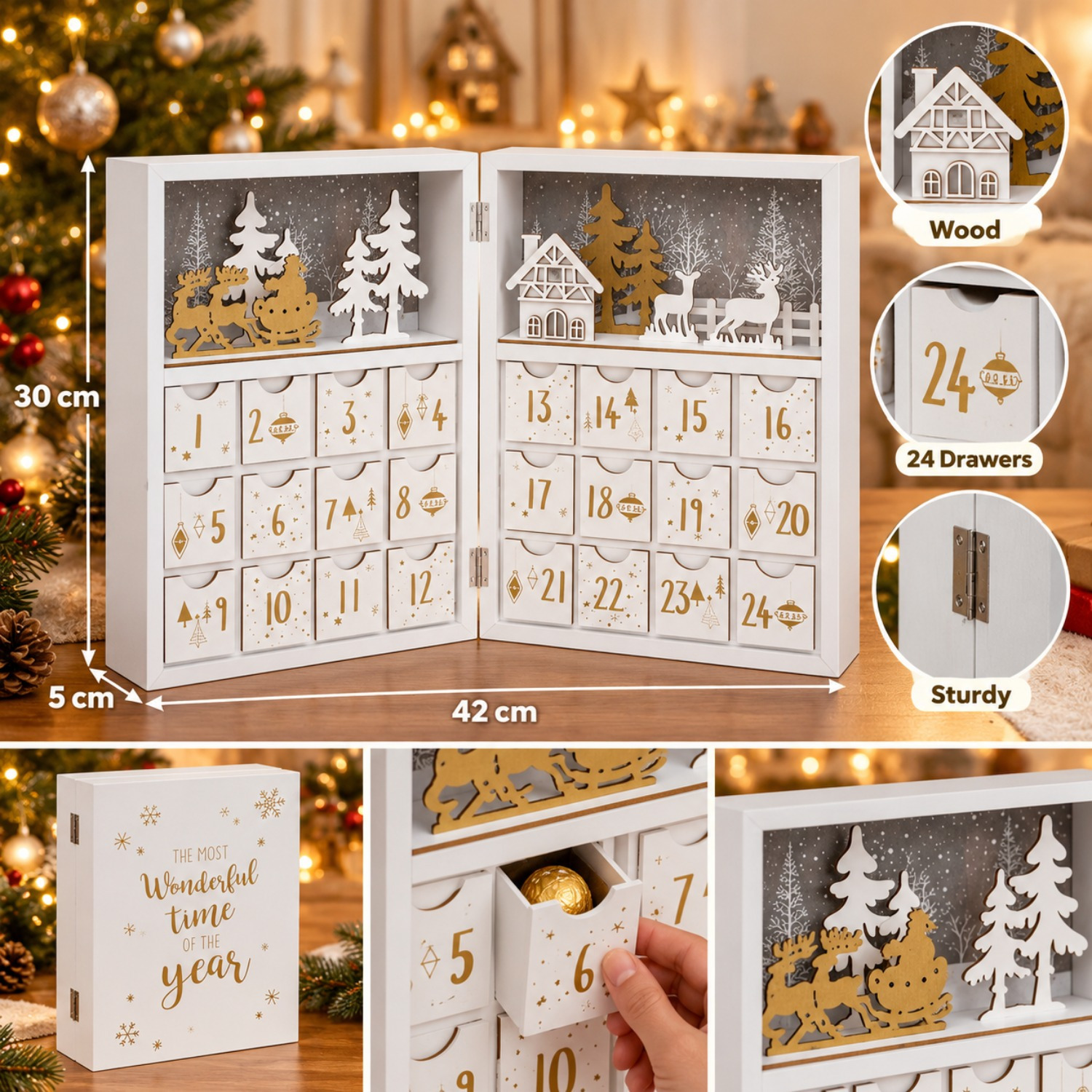 Calendario dell'Avvento con 24 cassetti bianchi e dorati e una…
