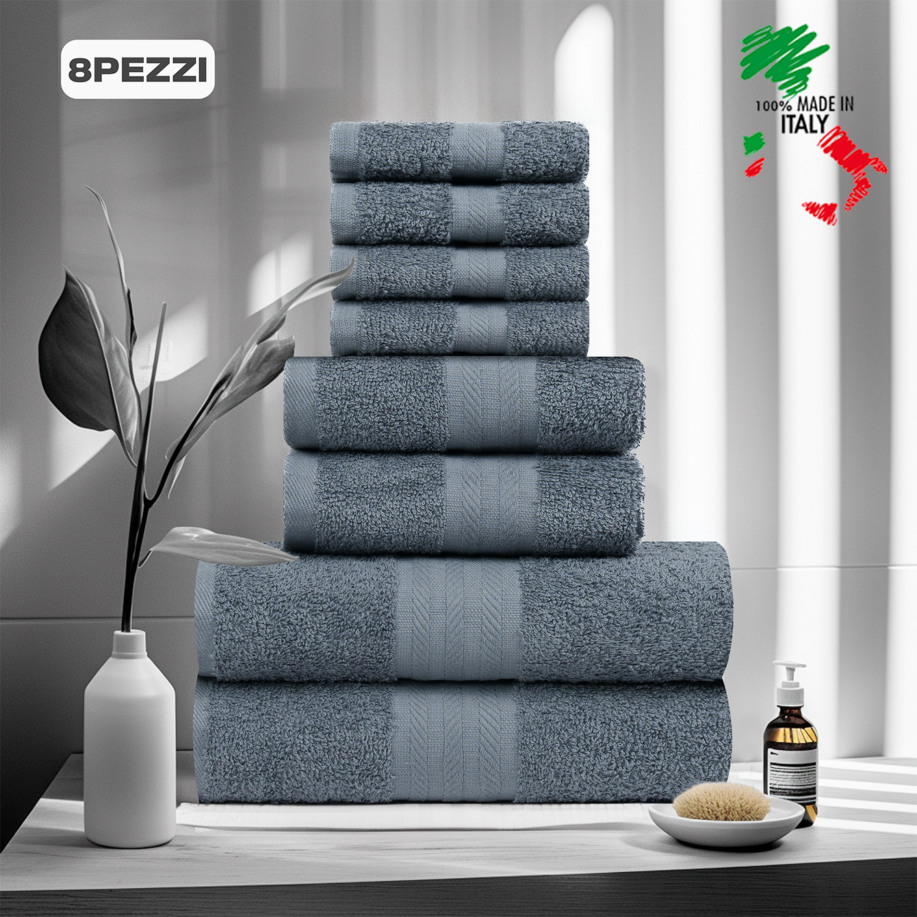 Set 8 Pezzi Asciugamani in Puro Cotone Made in Italy | Coppia…