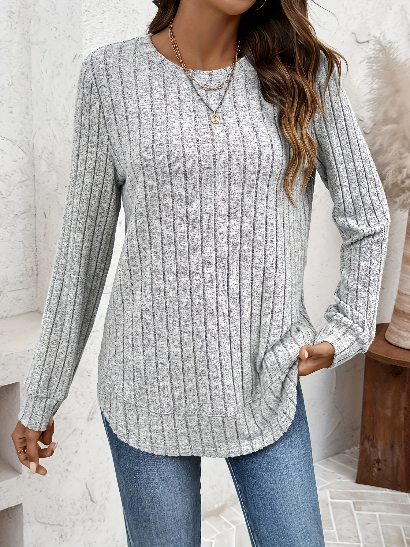 Top da donna a maniche lunghe con gamba arco, in tessuto a coste…