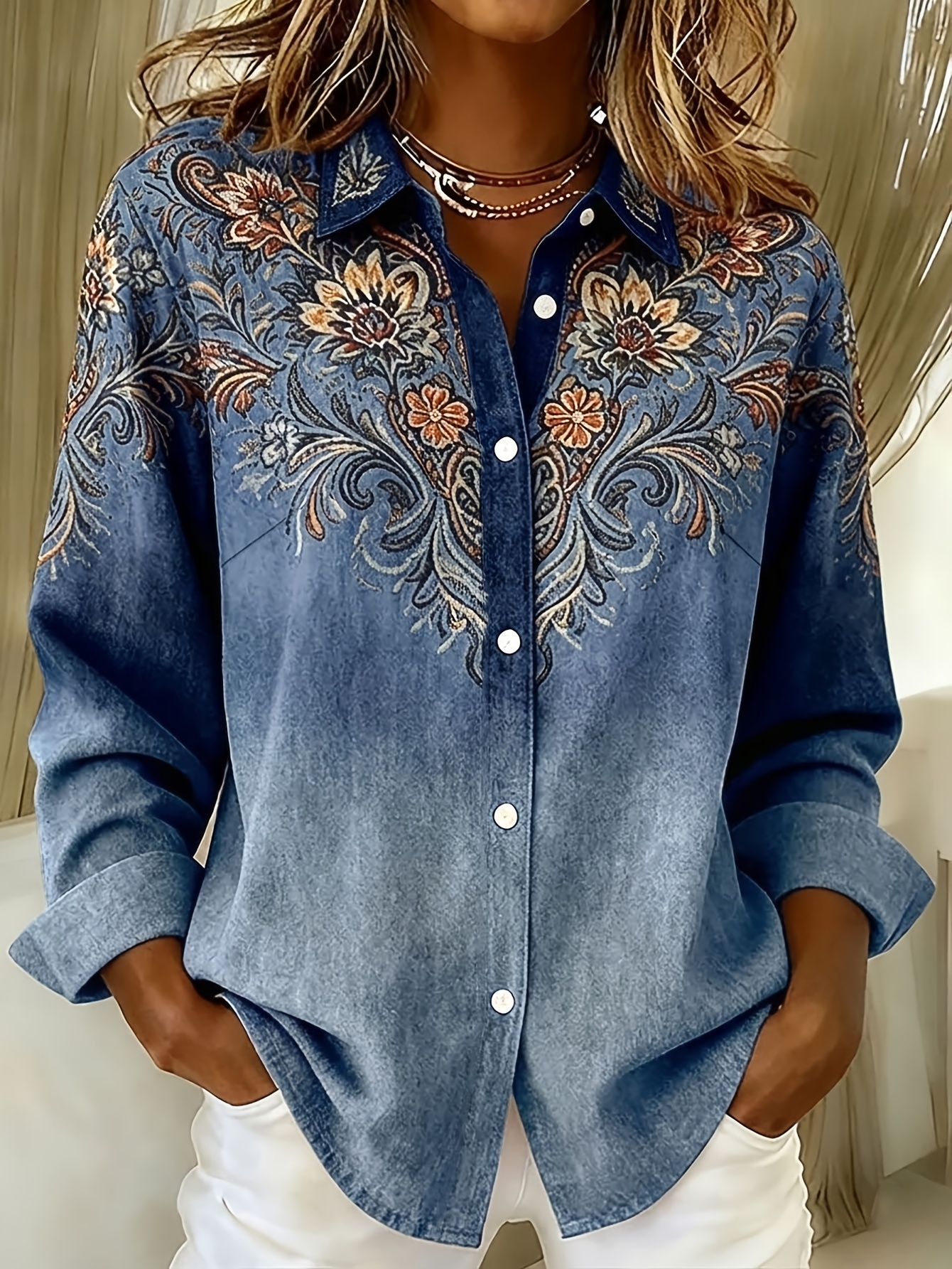 Camicia da donna vintage americana con stampa floreale e maniche…