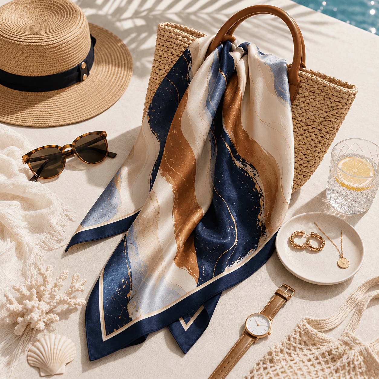 Sciarpa elegante da donna, stampa onda marmo oro e blu navy, in…