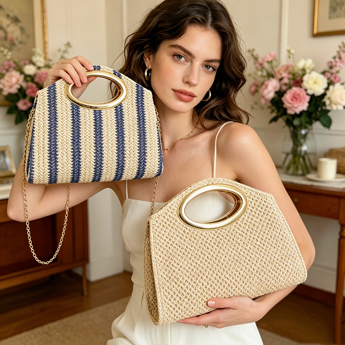 Pochette da donna 1 pz in paglia intrecciata a righe, borsa da…