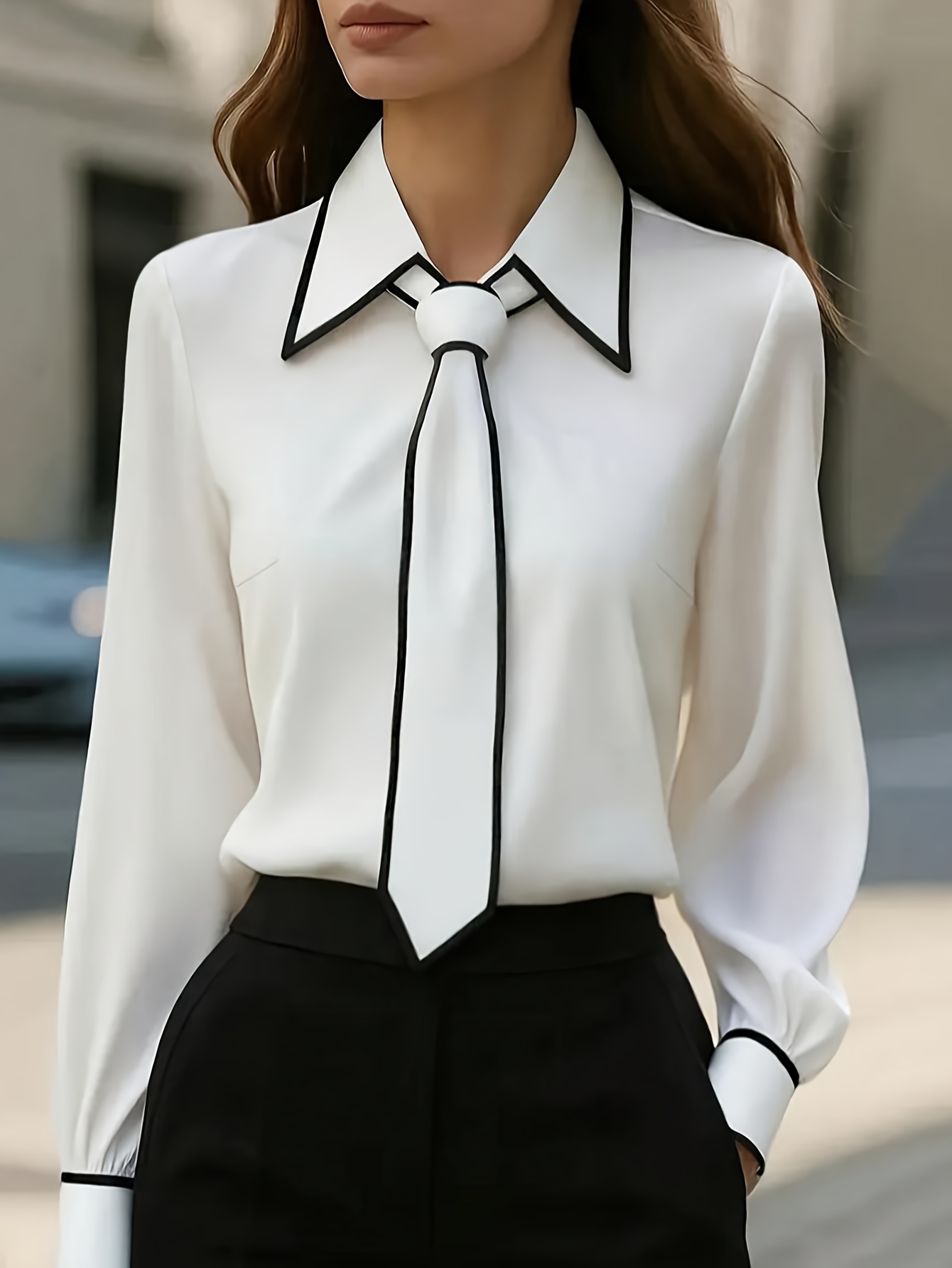 Nuovo top da donna nero e bianco a blocchi di colore con volant…