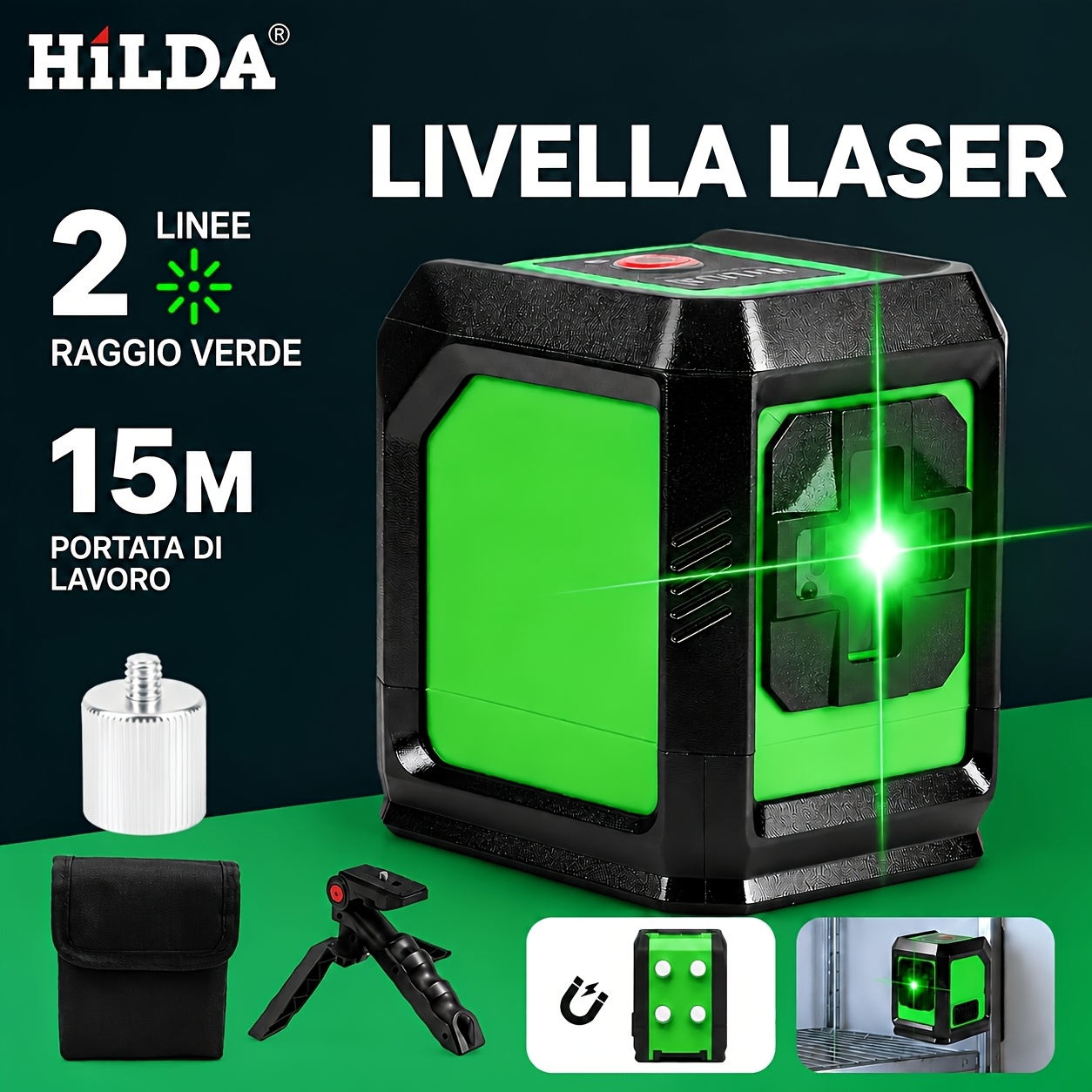 Livella Laser Portatile a Linea a Croce Verde HILDA, Classe 2 di…