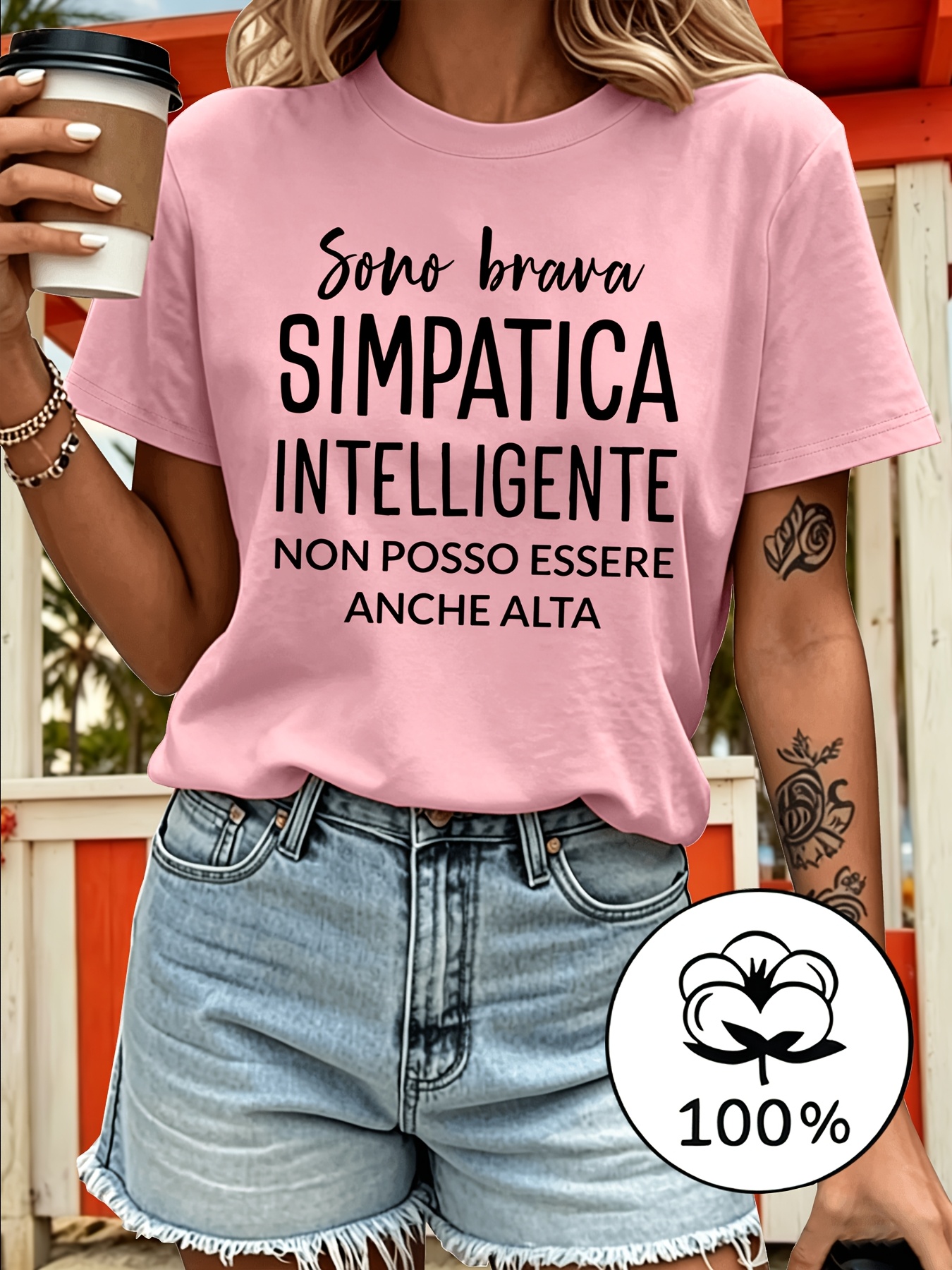 T-shirt da donna a maniche corte 100%, stampa con testo italiano…