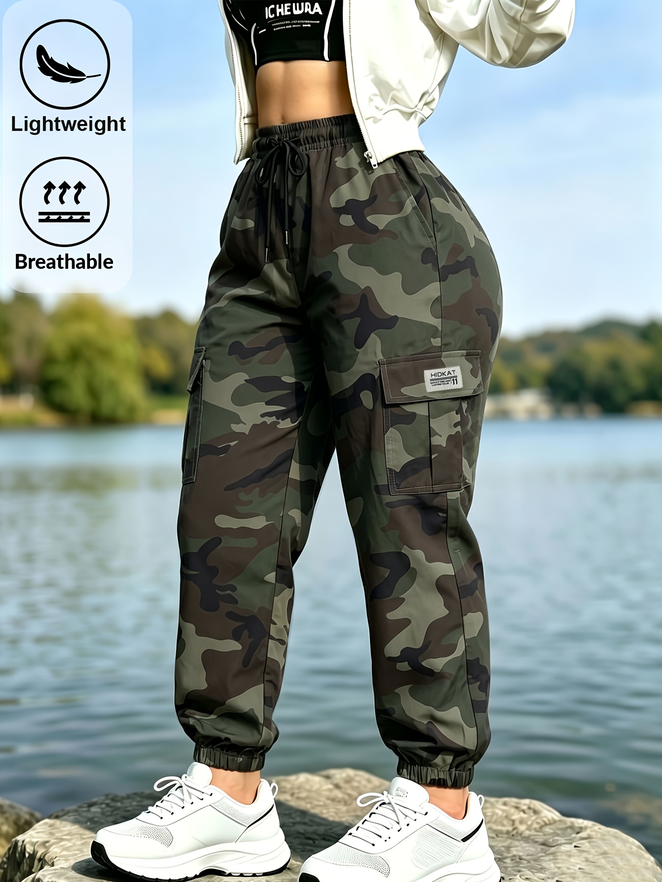 Pantaloni lunghi cargo camouflage casual da donna, ampia tasca…