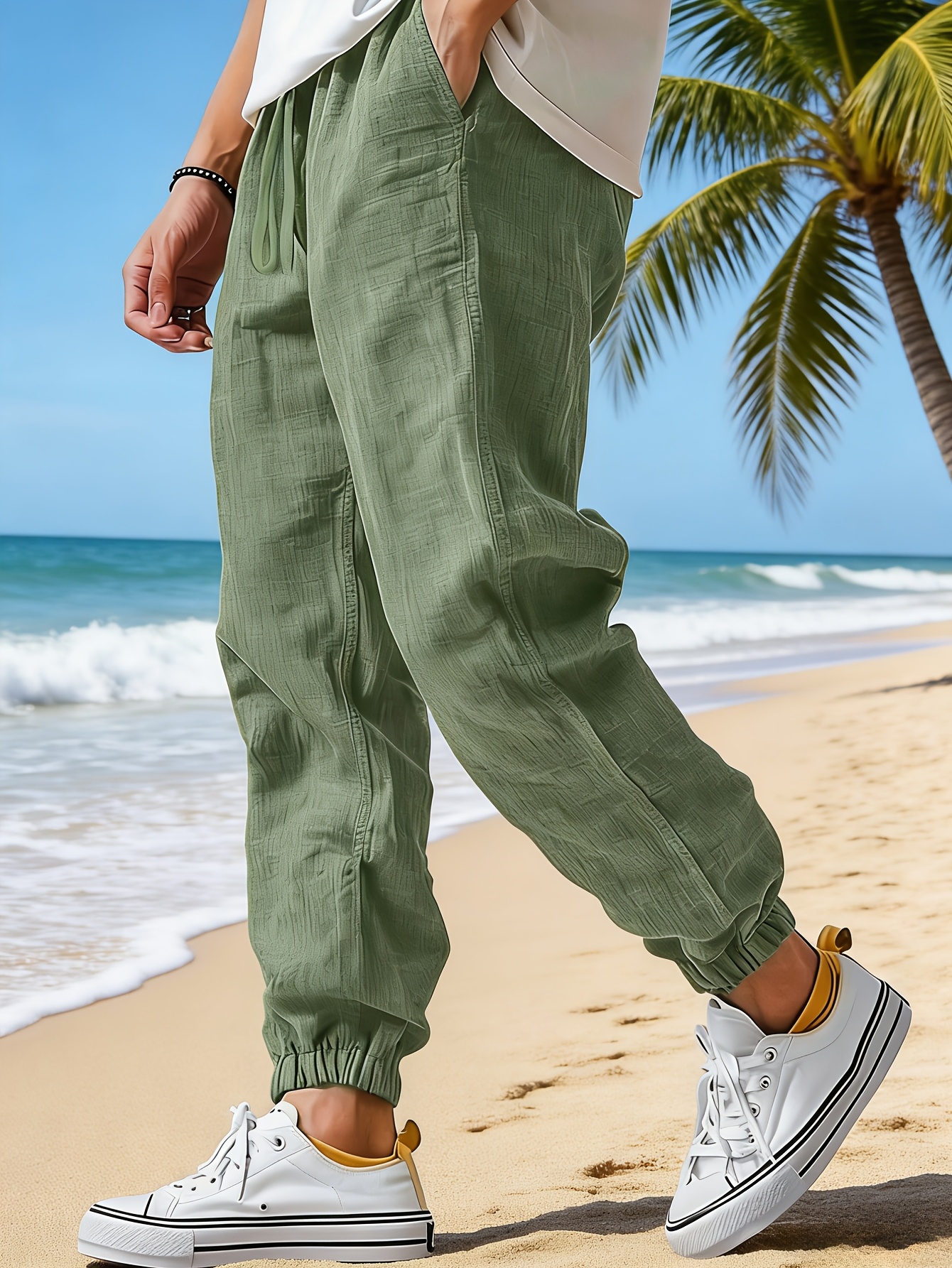 Pantaloni da uomo in lino tessuto con coulisse, realizzati in…