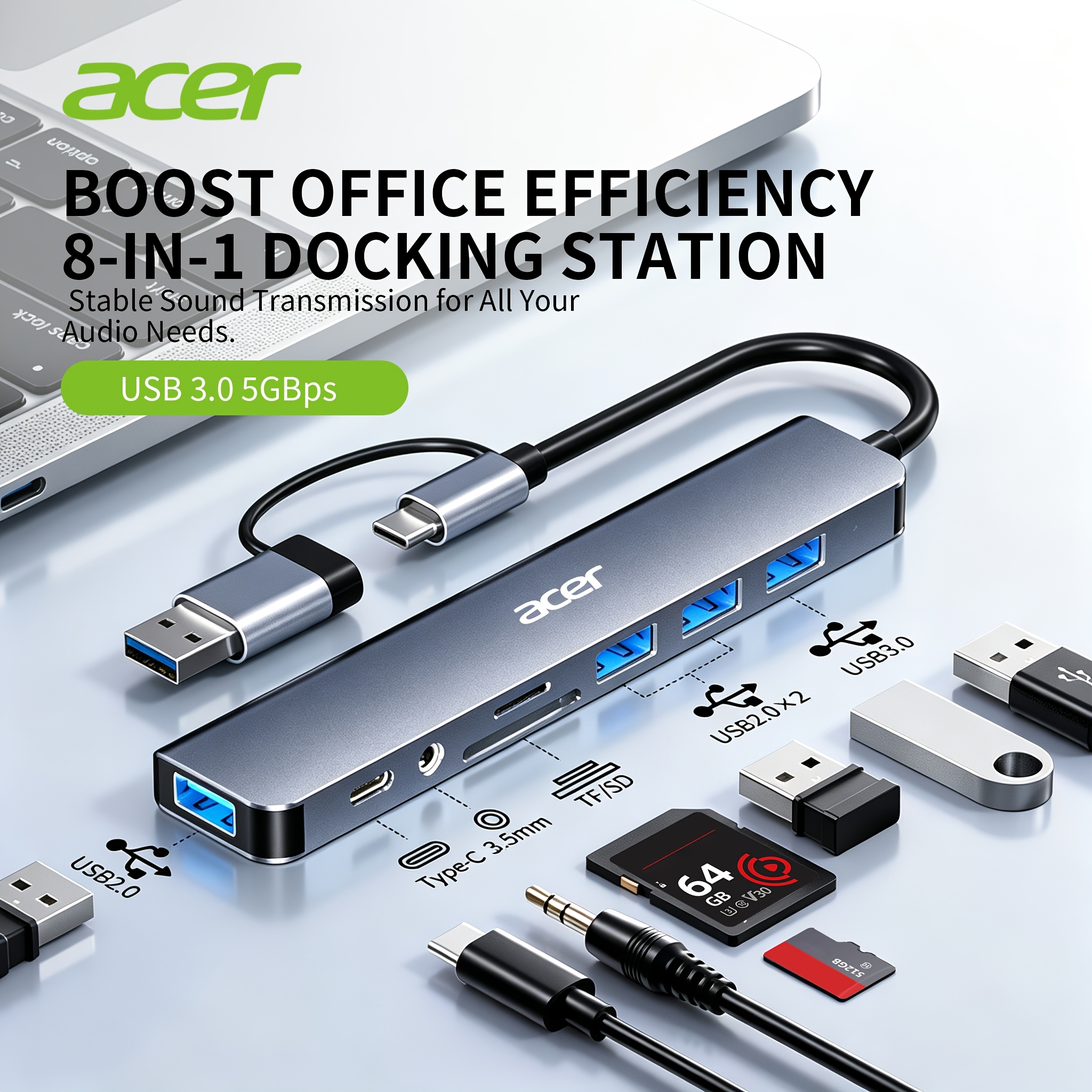 Acer Docking Station Hub USB-C 8-in-1, Trasferimento dati USB…