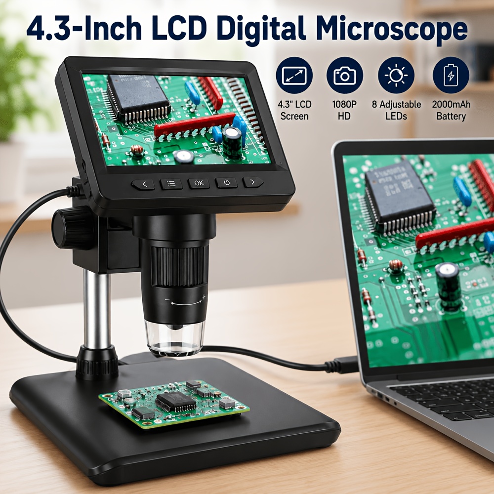 Microscopio digitale LCD da 4,3” con schermo HD e 8 luci LED…