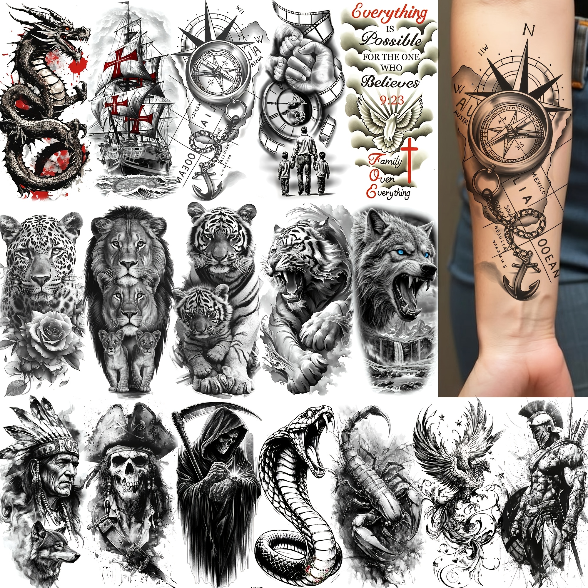 Adesivi per tatuaggi temporanei da 17 fogli neri con leoni…