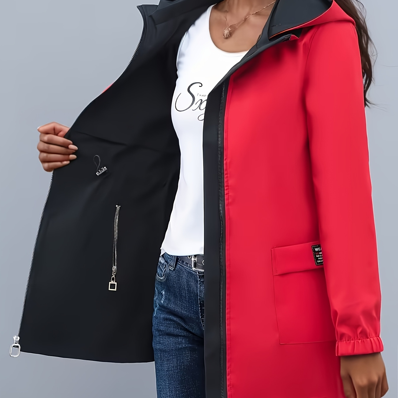 Giacca trench da donna a doppia faccia | Con cappuccio, tinta…
