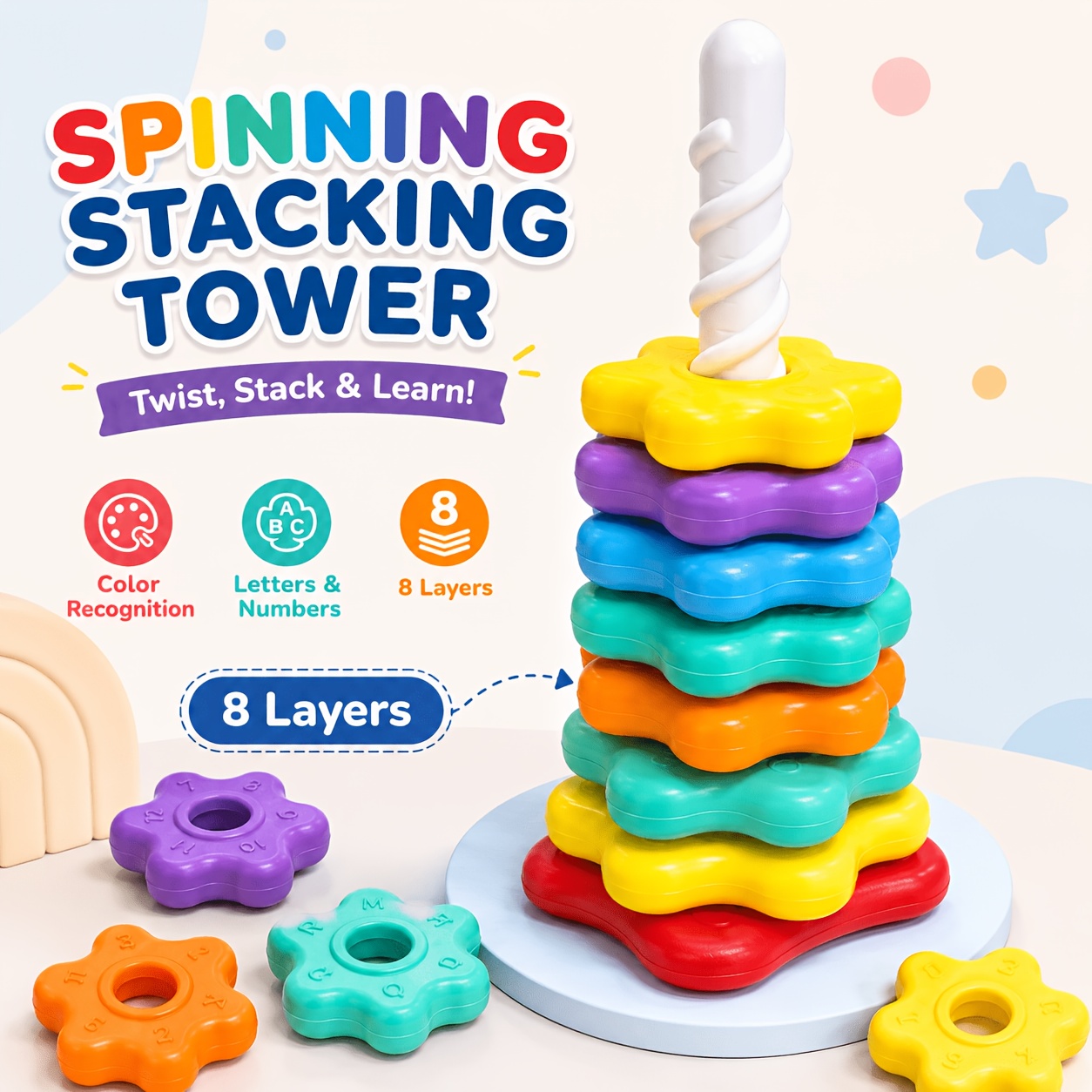 Torre impilabile rotante con fiori arcobaleno, ghirlanda…