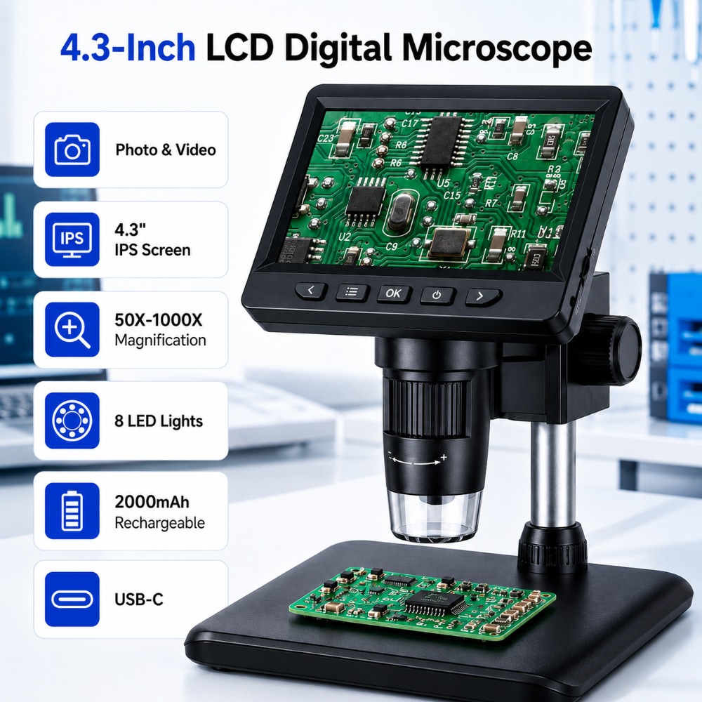 Microscopio Digitale 50X-1000X con Display LCD da 4.3', 8 Luci…