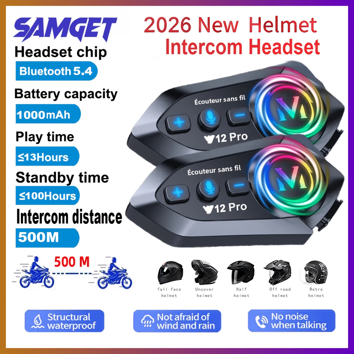 Interfono Senza Fili per Casco da Moto Y12 Pro (2 pz), Portata…
