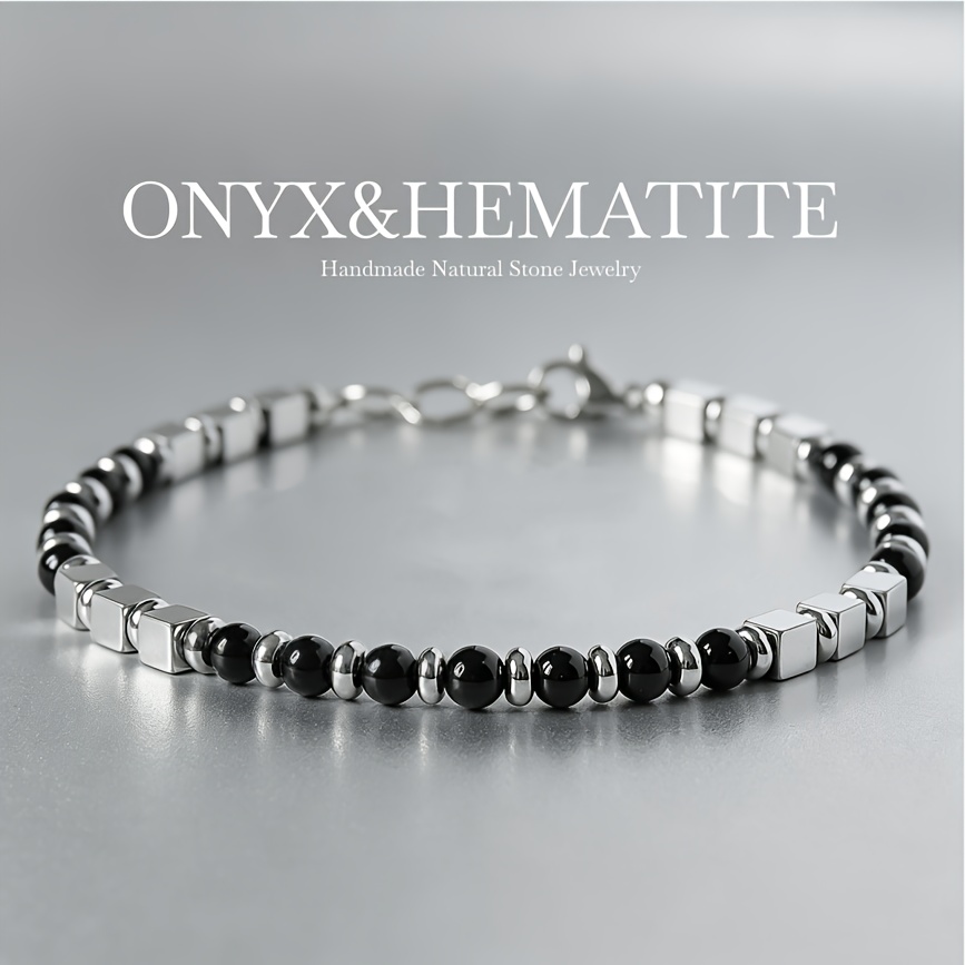 Bracciale unisex in ematite e perline, perline rotonde nere con…