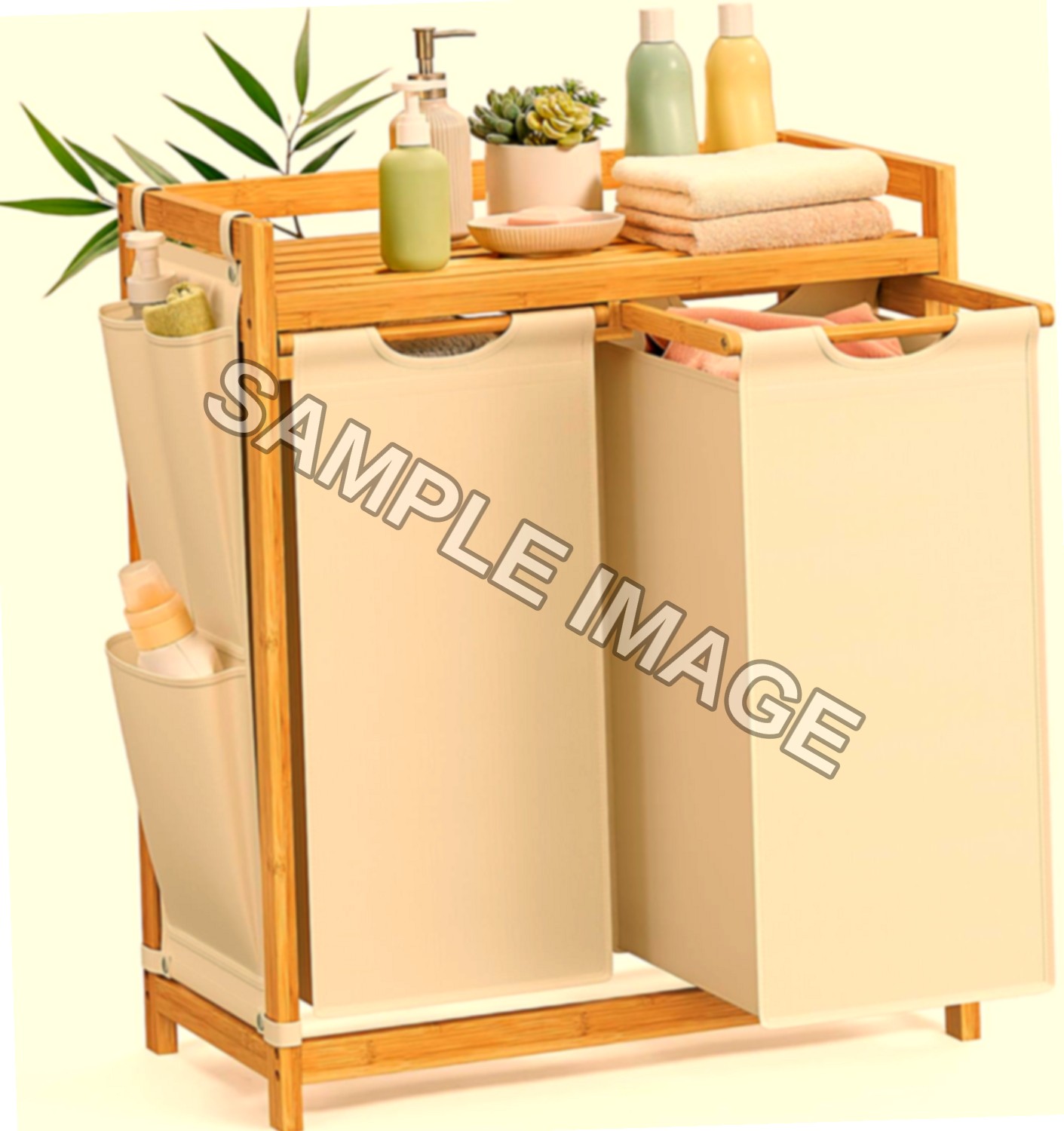 SONGMICS Cesto Portabiancheria Bambù 100L 2 Scomparti Crema
