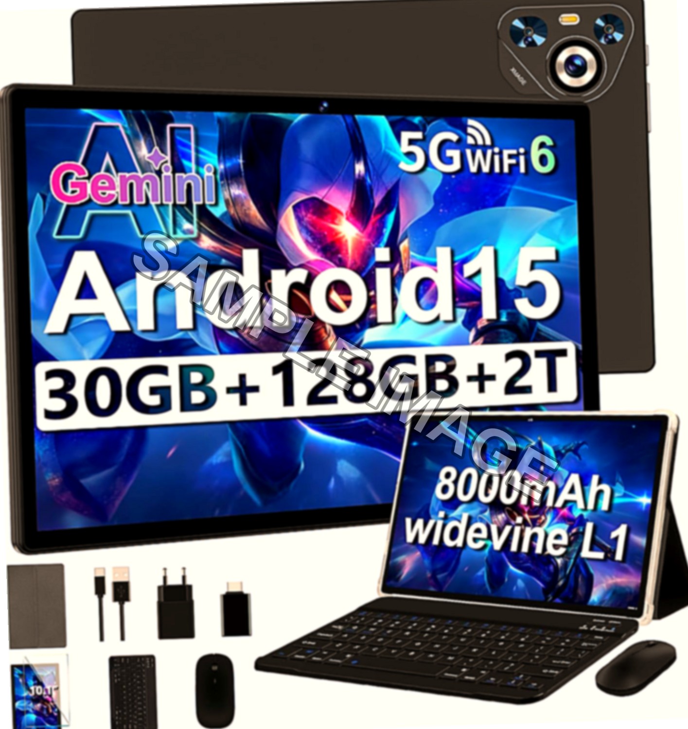 10 Pollici Tablet 30GB+128GB, 8000mAh, Android 15, FHD IPS, Processore Octa-Core, Certificazione GMS/ Widevine L1/ Controllo Parentale, Corpo in Metallo Tablets PC con Tastiera, Mouse -Nero classico